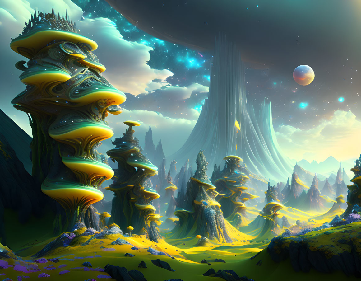 Surreal landscape with yellow mushroom structures, green and purple sky, auroras, waterfall, mountains