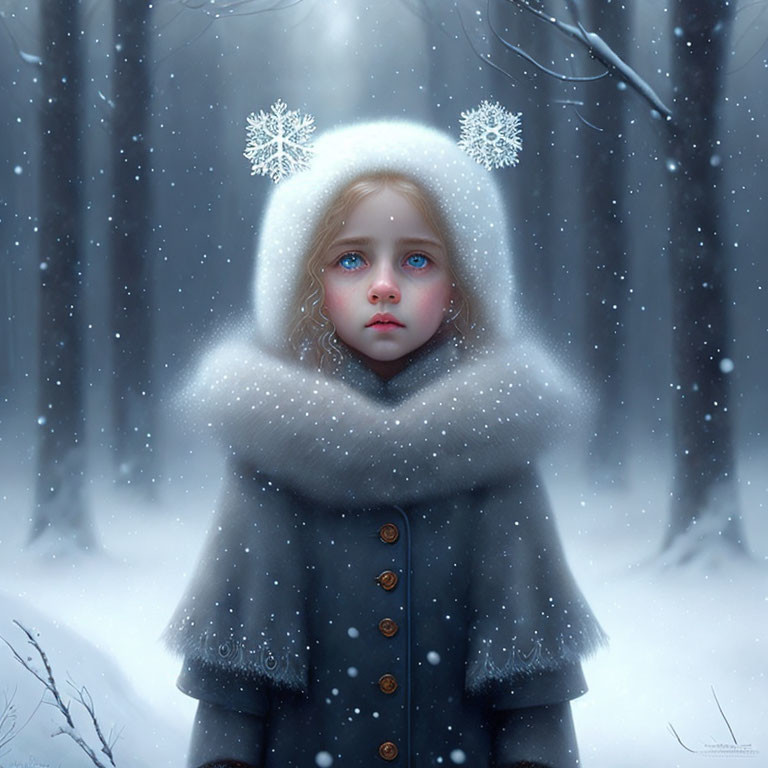 Young girl in hooded coat amidst snowflakes in winter forest