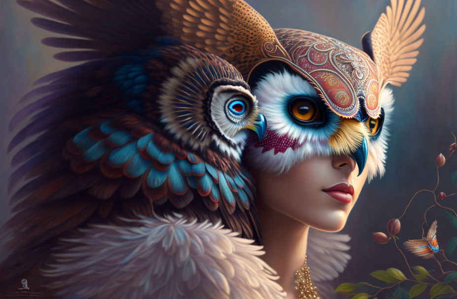 Illustrated person wearing ornate owl mask in mystical setting.