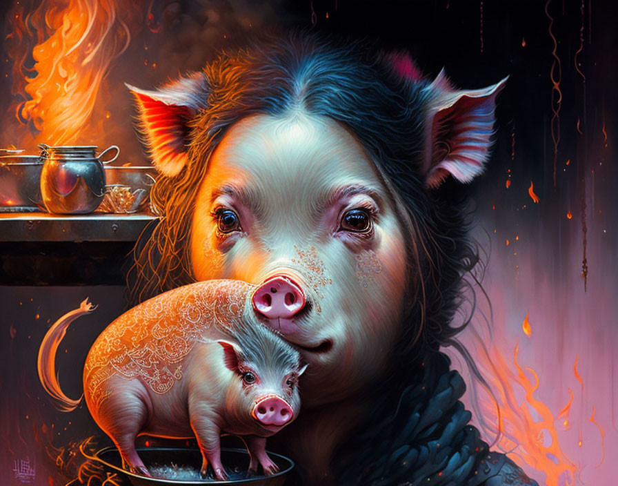 Mother pig and piglet in fiery setting with intricate patterns
