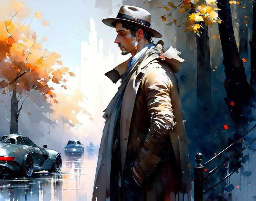 Man in trench coat and hat on urban sidewalk with autumn trees and car