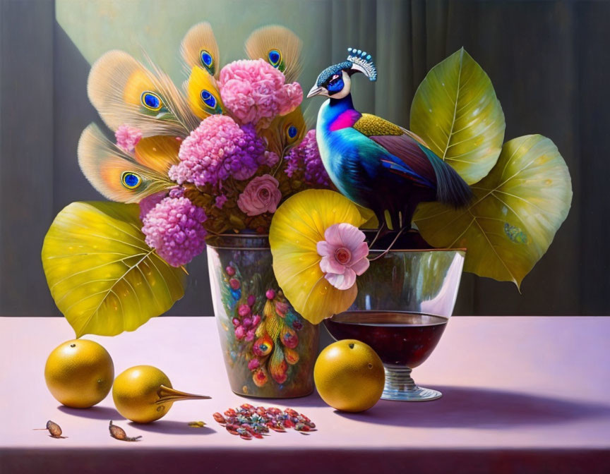 Colorful still life painting with peacock, flowers, fruit, and wine
