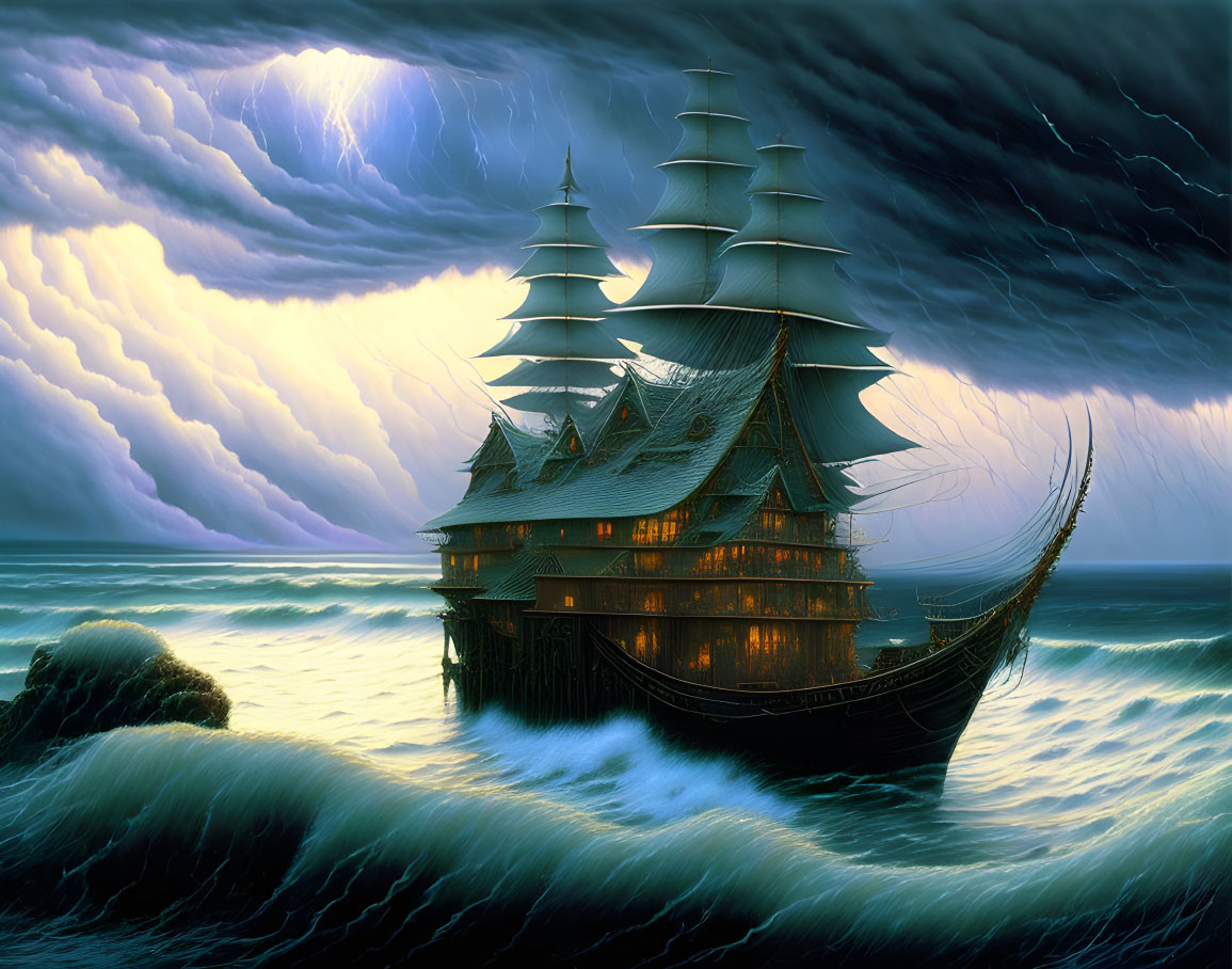 Traditional sailing ship in stormy ocean with lit windows