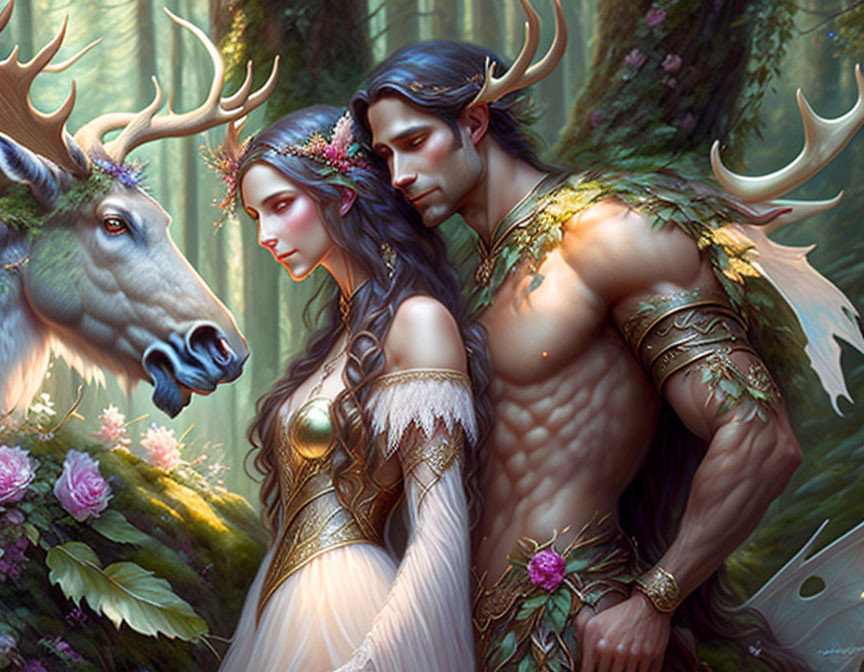 Fantasy illustration of male and female with elven features in nature-inspired attire with deer in enchanted forest