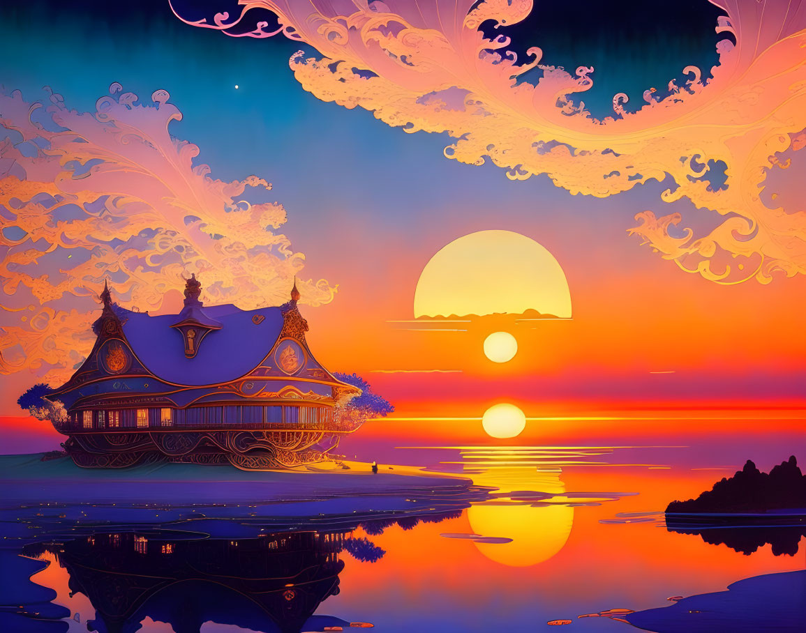 Digital artwork: Floating house at sunset with whimsical clouds