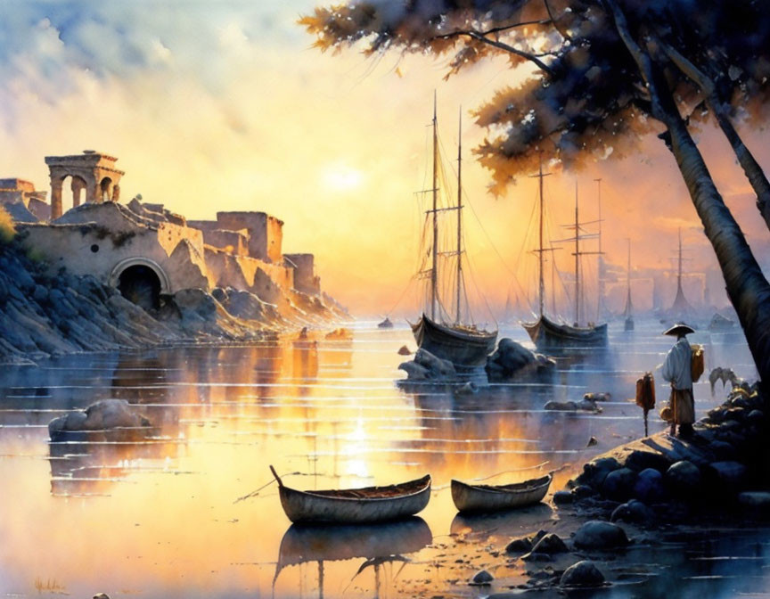 Tranquil harbor sunset with boats, figure, and ancient buildings