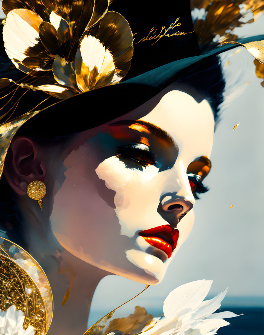 Digital portrait: Woman with red lips, golden flowers, and dynamic lighting.