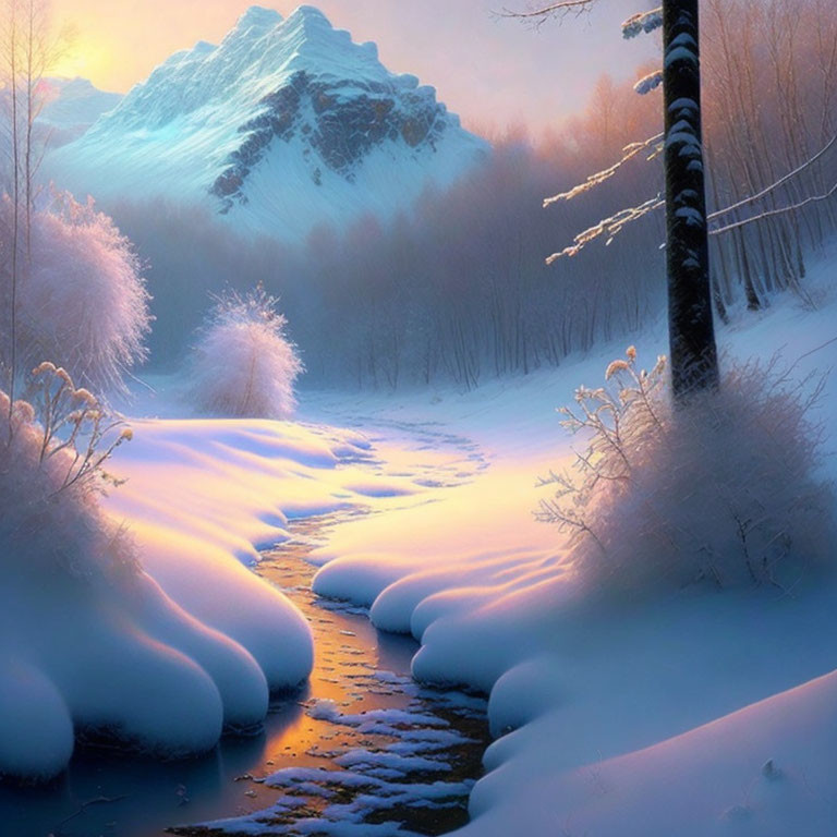 Snow-covered winter landscape with stream, frosty trees, and radiant mountain backdrop at sunrise or sunset