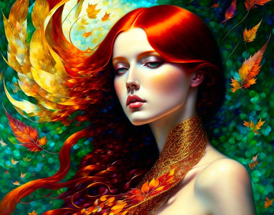 Colorful portrait of red-haired woman in autumn setting