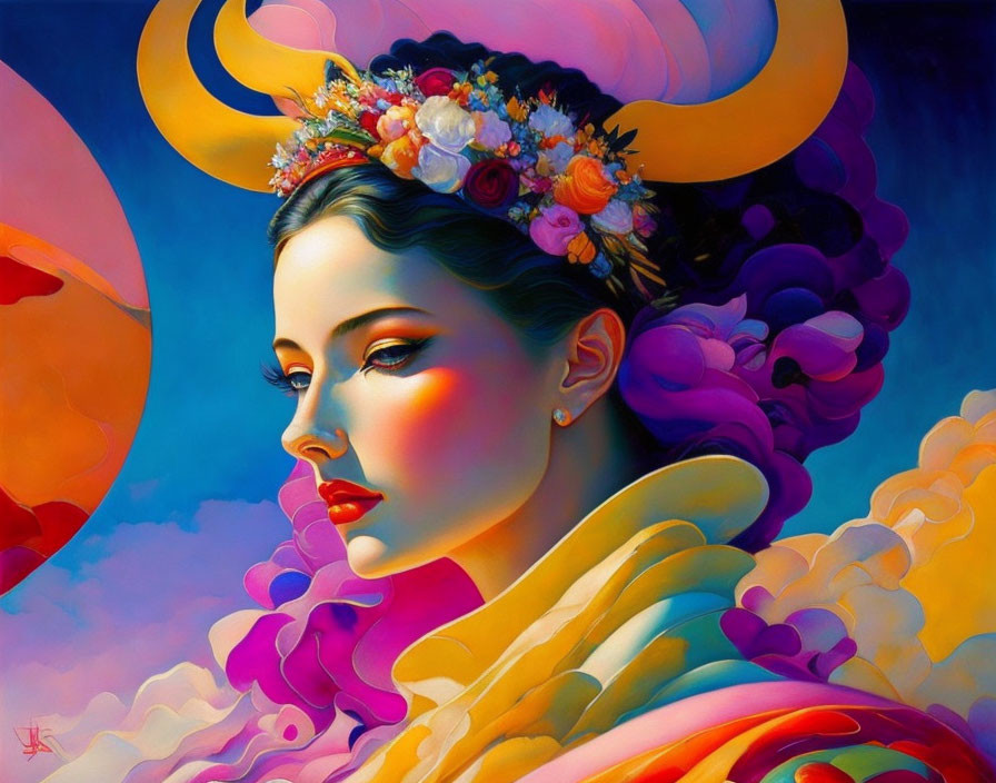 Colorful portrait of woman with horned headdress and floral wreath on vibrant backdrop.