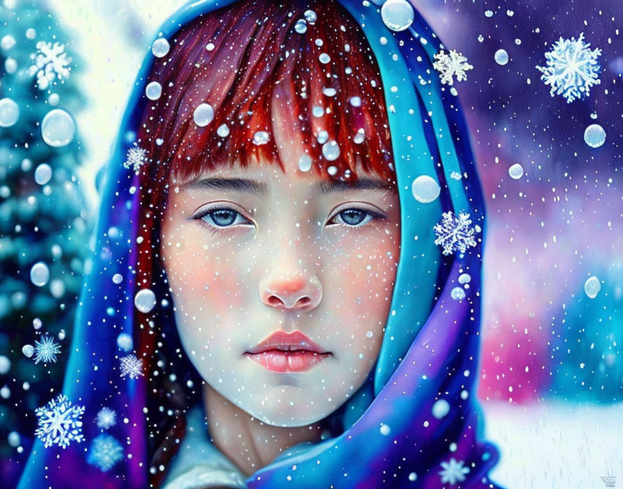 Young person in blue headscarf amidst snowflakes.