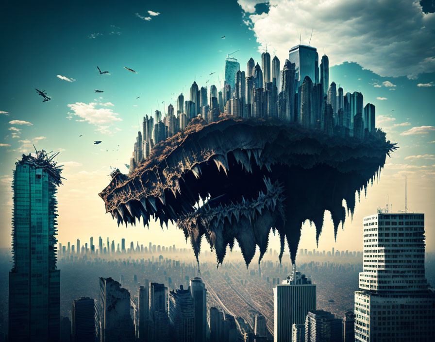 Floating city island with jagged edges in surreal dystopian landscape