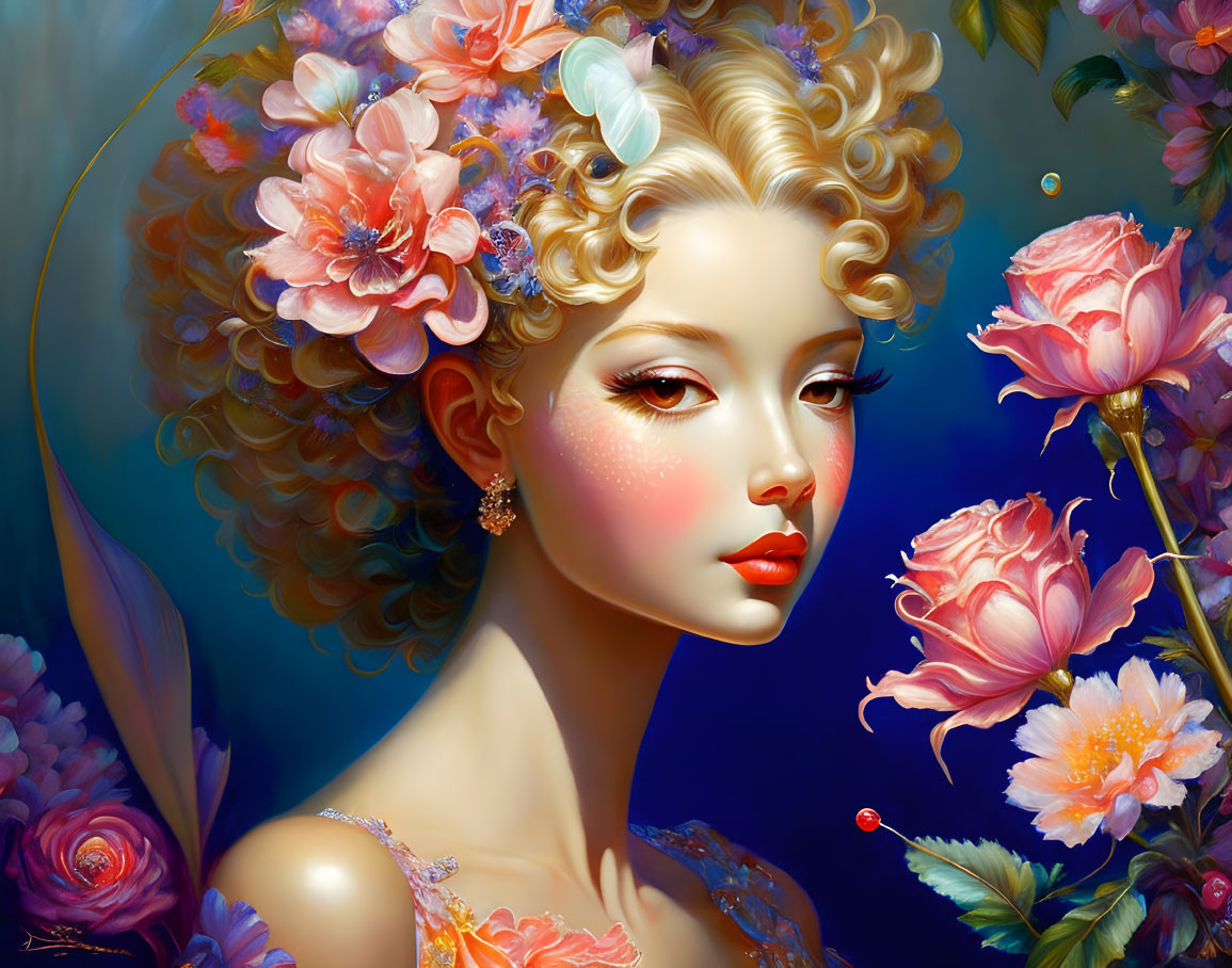 Digital art portrait of a woman with floral adornments and blooming roses, a romantic and fantastical