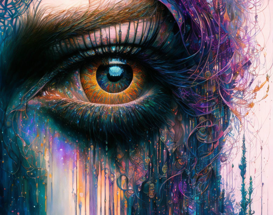Close-up eye with colorful makeup and flowing strands: a fantastical and mysterious image.