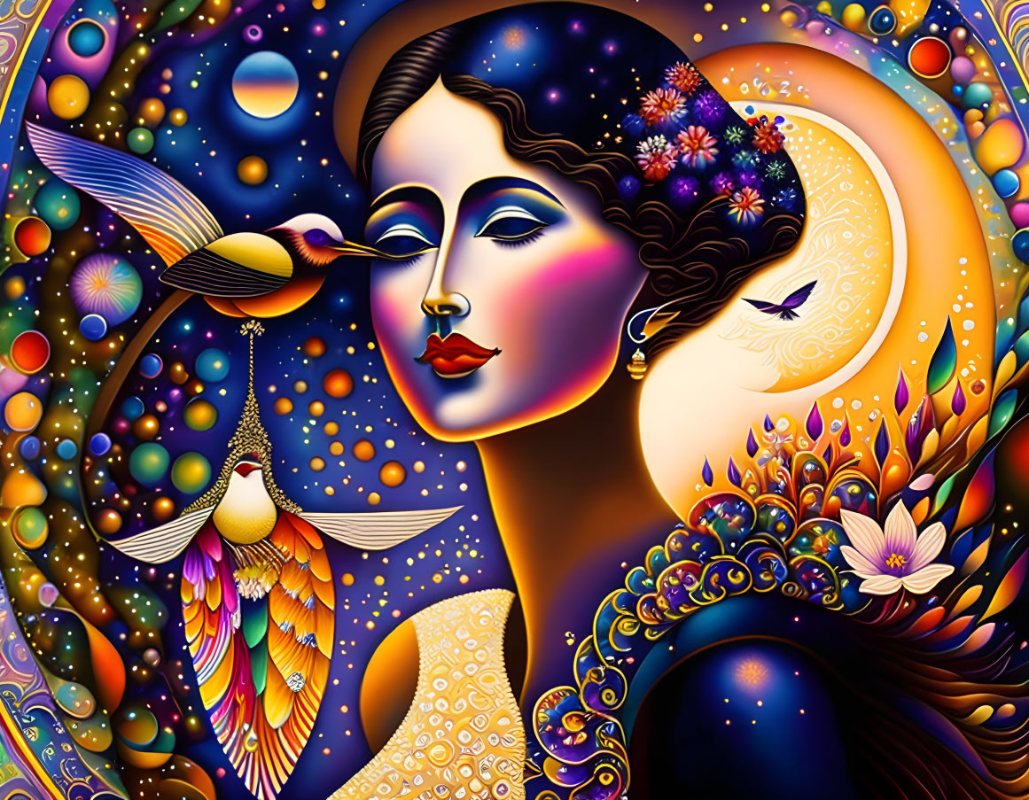 Colorful surreal art: Woman's face merges with cosmic birds