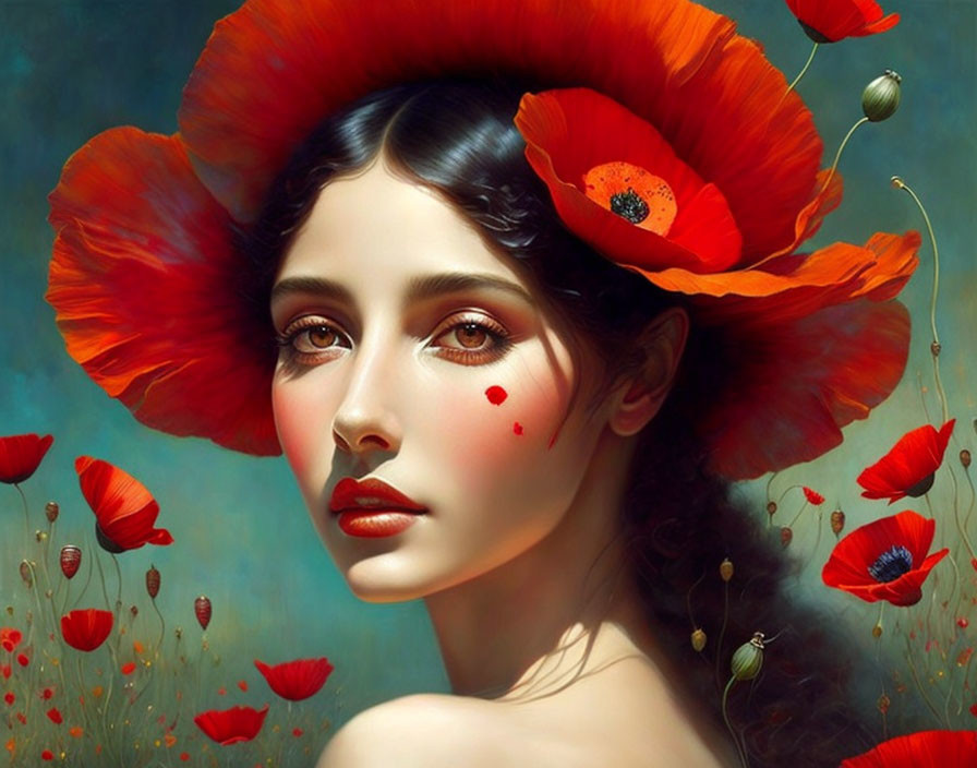 Digital artwork of woman with large red poppies in hair and on cheeks