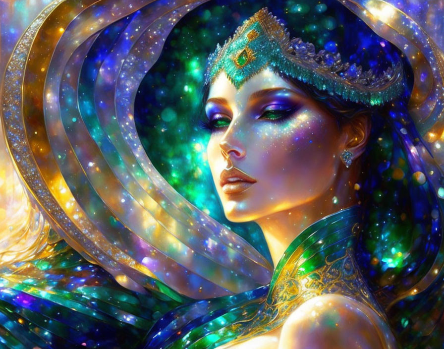 Digital artwork of woman with cosmic skin & jeweled headpiece