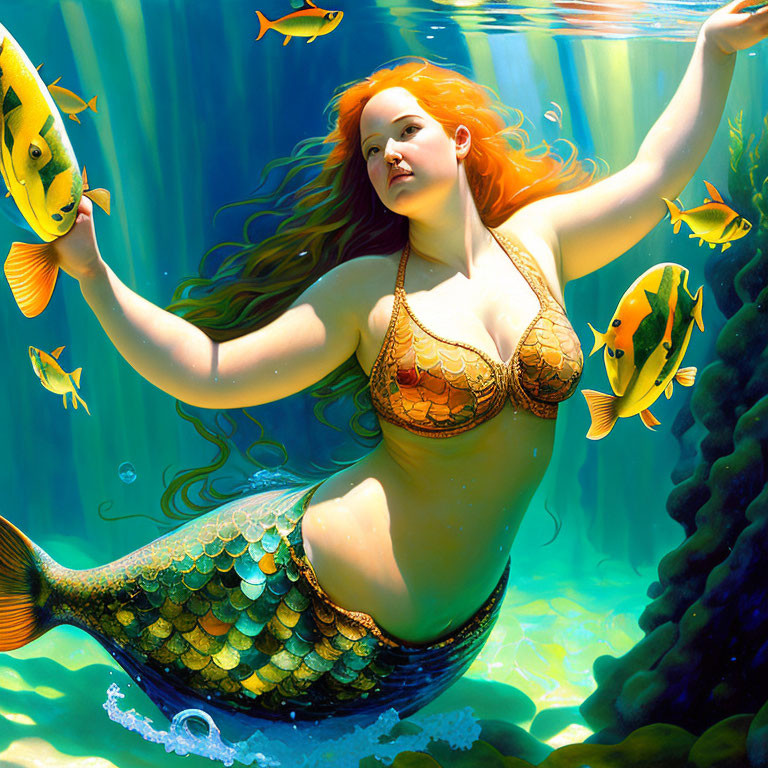 Colorful illustration: red-haired mermaid with golden tail swimming among tropical fish