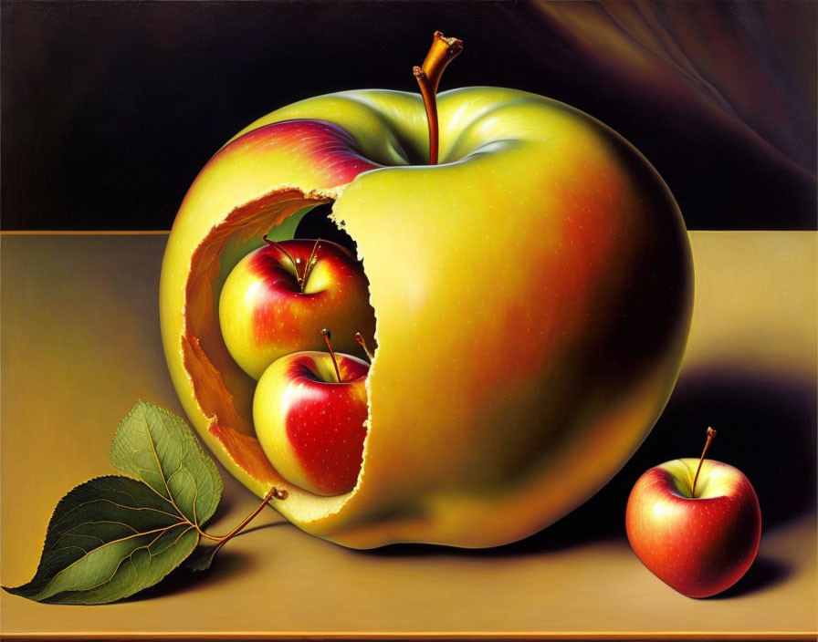 Surreal painting: Large apple with peeled section, revealing smaller apples on reflective surface
