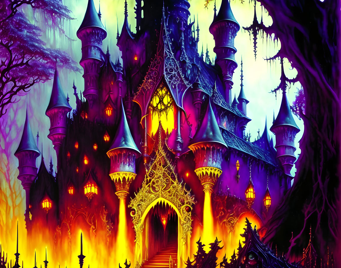 Fantasy castle with fiery spires in purple forest landscape