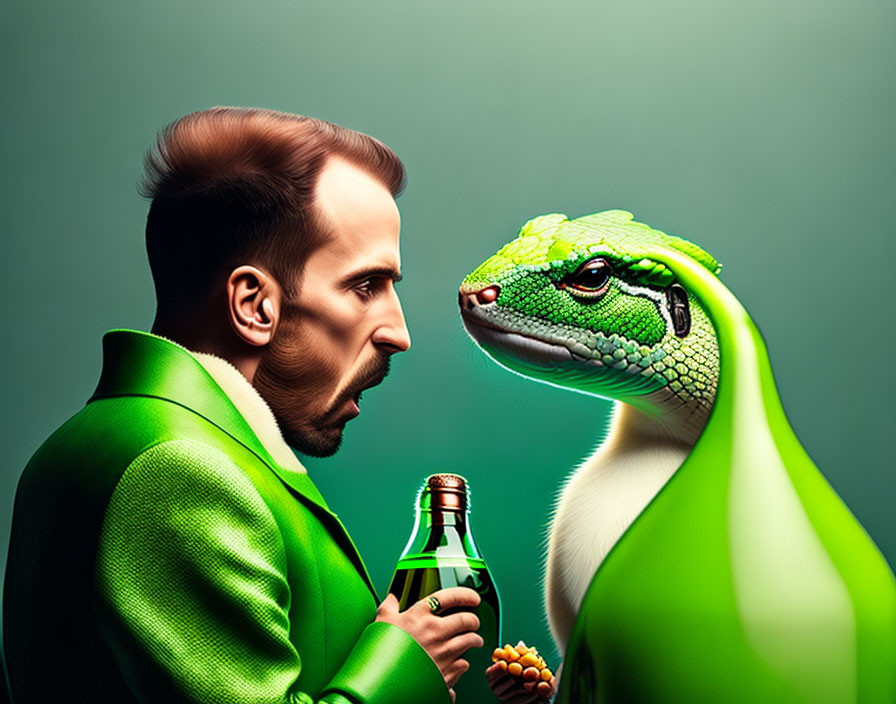 Man in Green Suit Surprised by Lizard in Matching Outfit