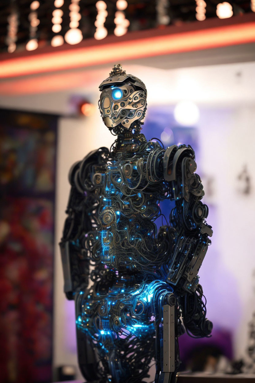 Intricate humanoid robot with blue illumination in colorful interior display