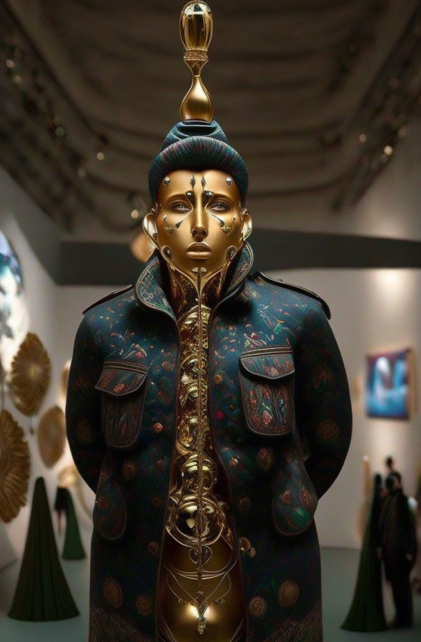 Golden sculpture of person with elongated neck and lamp-like headpiece in embroidered jacket at art gallery