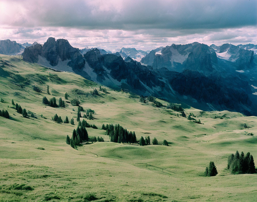 Scenic landscape: green hills, scattered trees, rugged mountain peaks