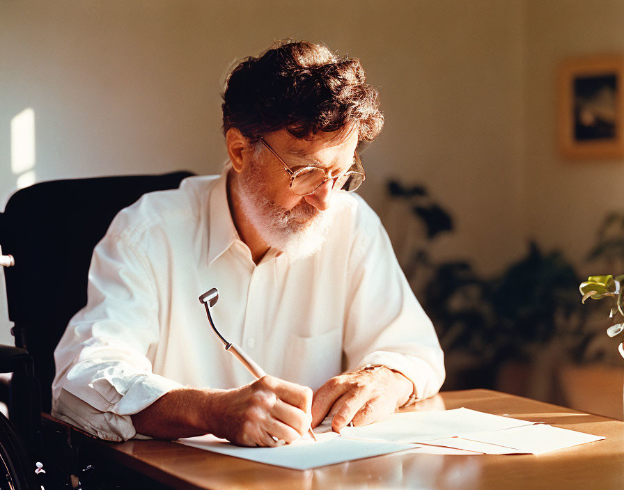 Bearded man in wheelchair writing at desk with sunlight