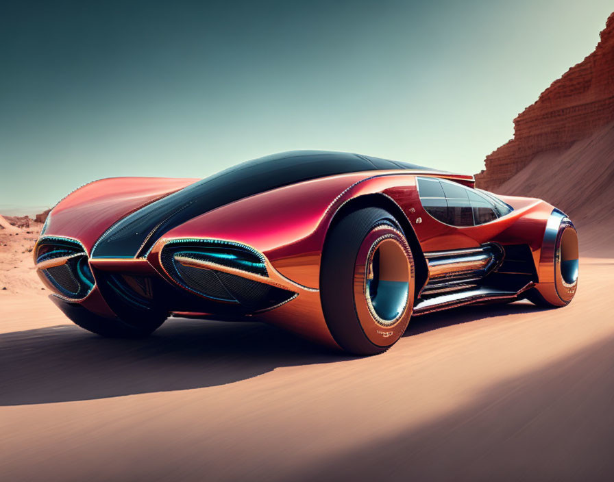 Futuristic metallic red car speeding in desert with large rims