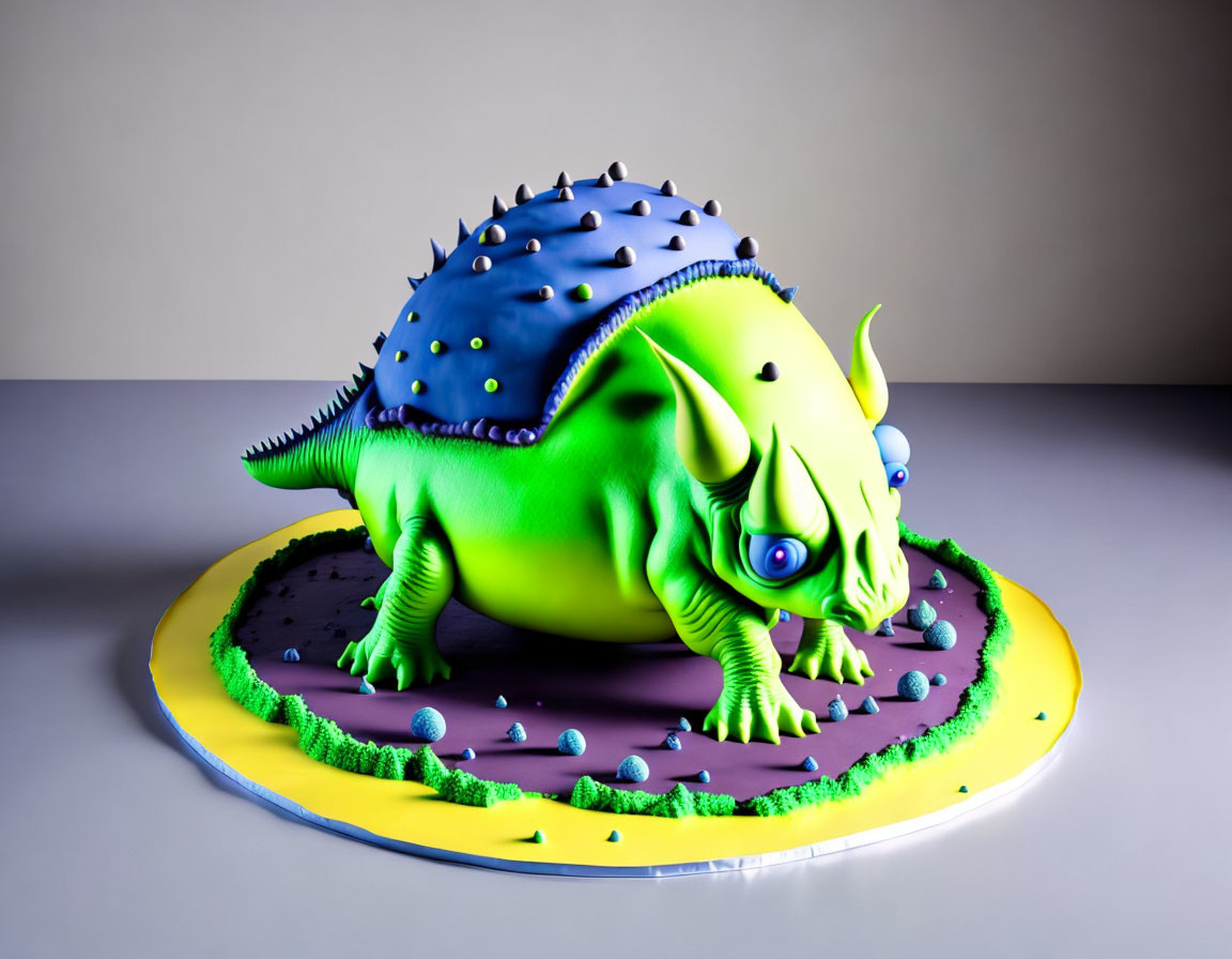 Colorful 3D Rendered Creature with Blue Spikes on Base