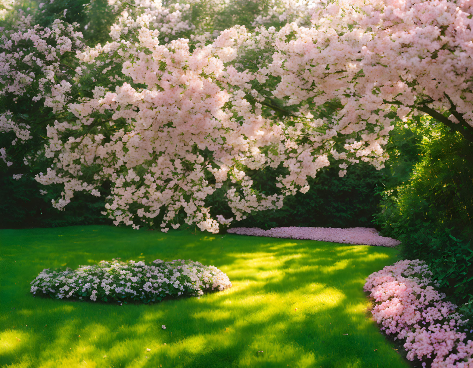 Vibrant cherry blossom tree in lush garden scene