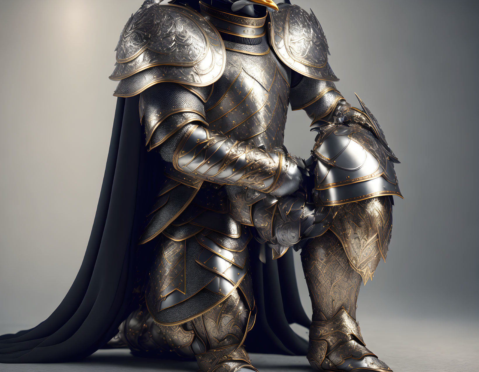 Elaborate Medieval Knight Armor with Black Cloak on Neutral Background