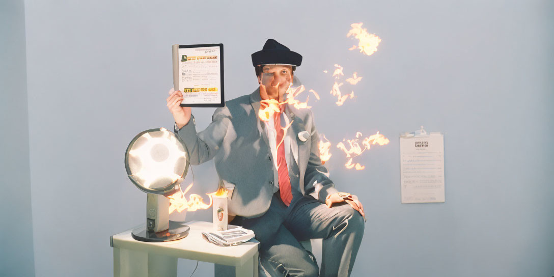 Man in suit with flaming mouth holding clipboard next to table with lamp