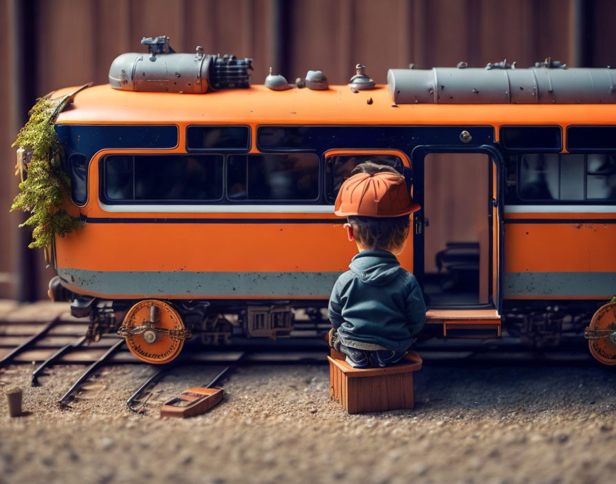 Child in cap mesmerized by large model train on tracks