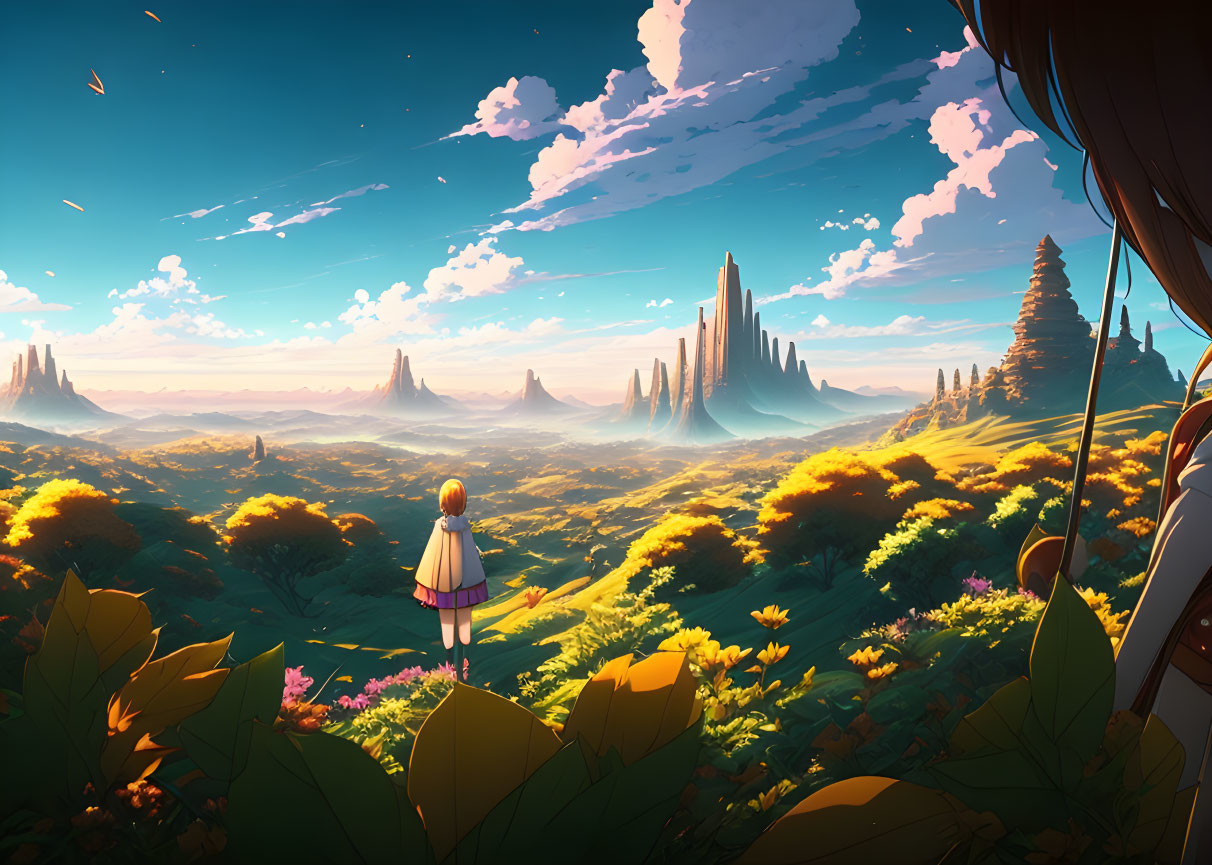 Vibrant fantastical landscape with towering rock formations