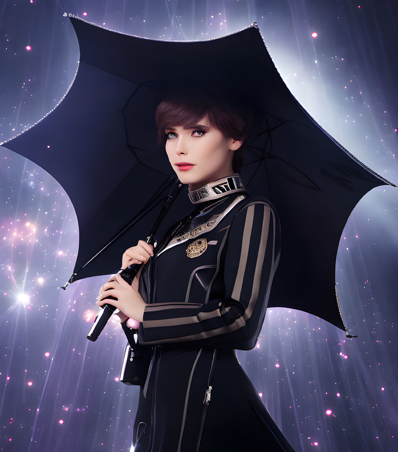 Stylized portrait of person with short hair holding black umbrella against cosmic background