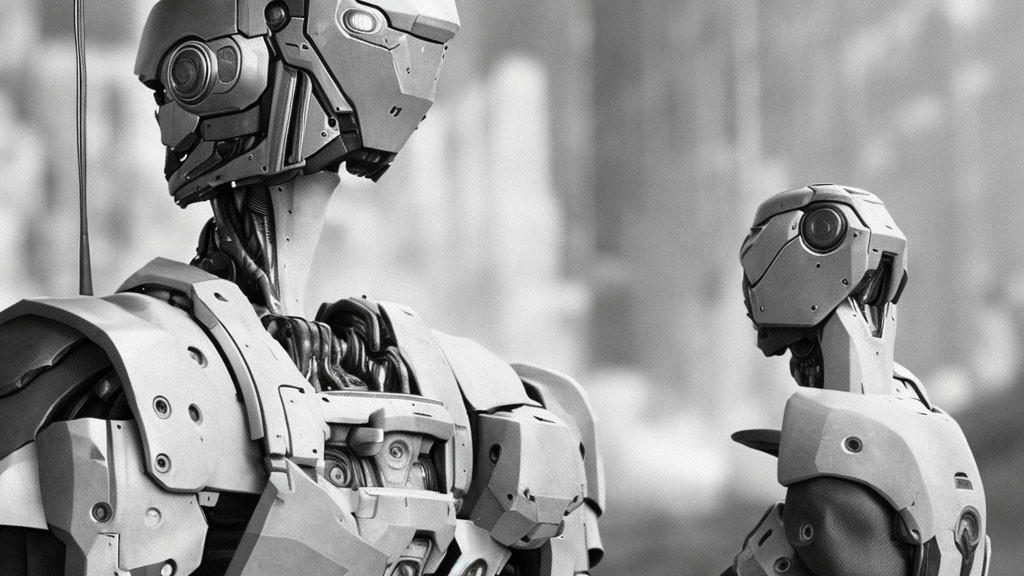 Intricate grayscale image of humanoid robots conversing