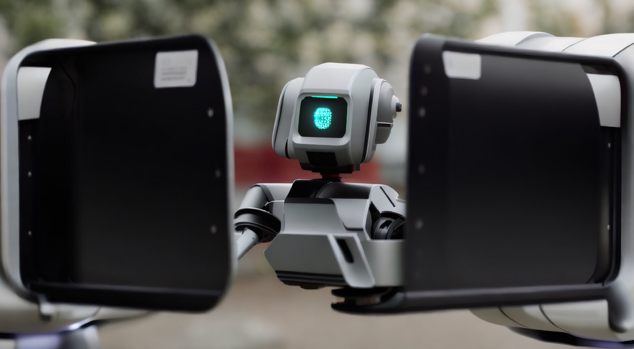 Robotic head with green illuminated eye sensor and screen panels on blurred background