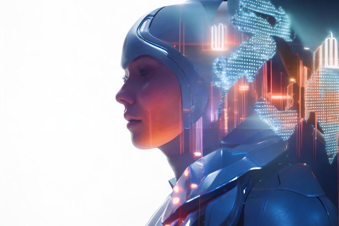 Futuristic woman in helmet and suit with digital cityscape overlay