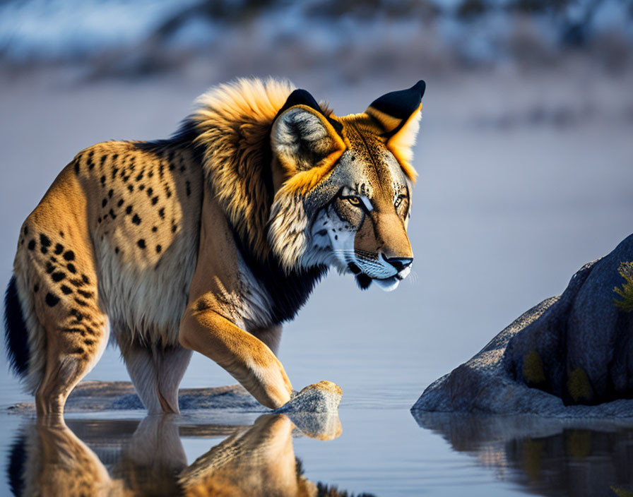 Cheetah-bodied creature with lion head in shallow water reflection