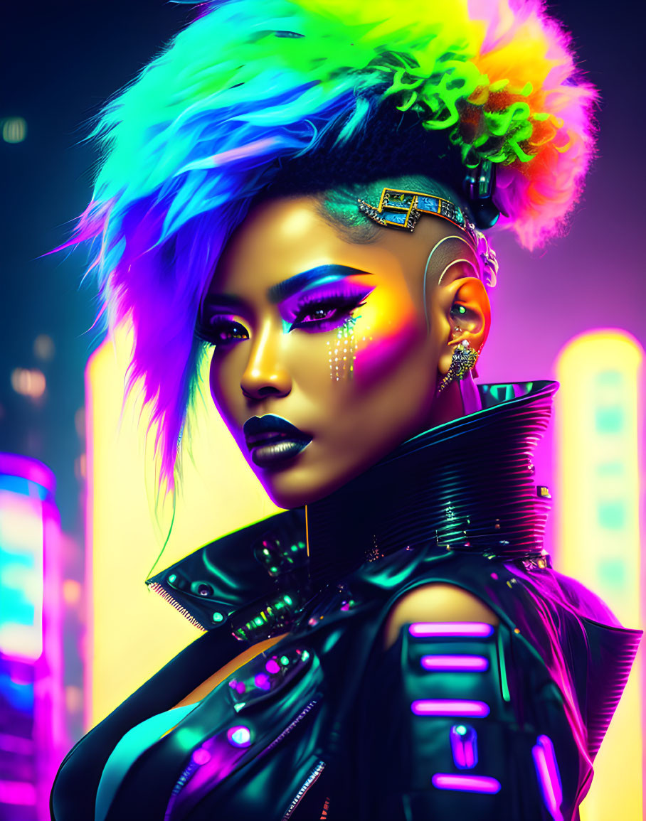 Colorful Hair and Futuristic Makeup on Woman in Sci-Fi Outfit