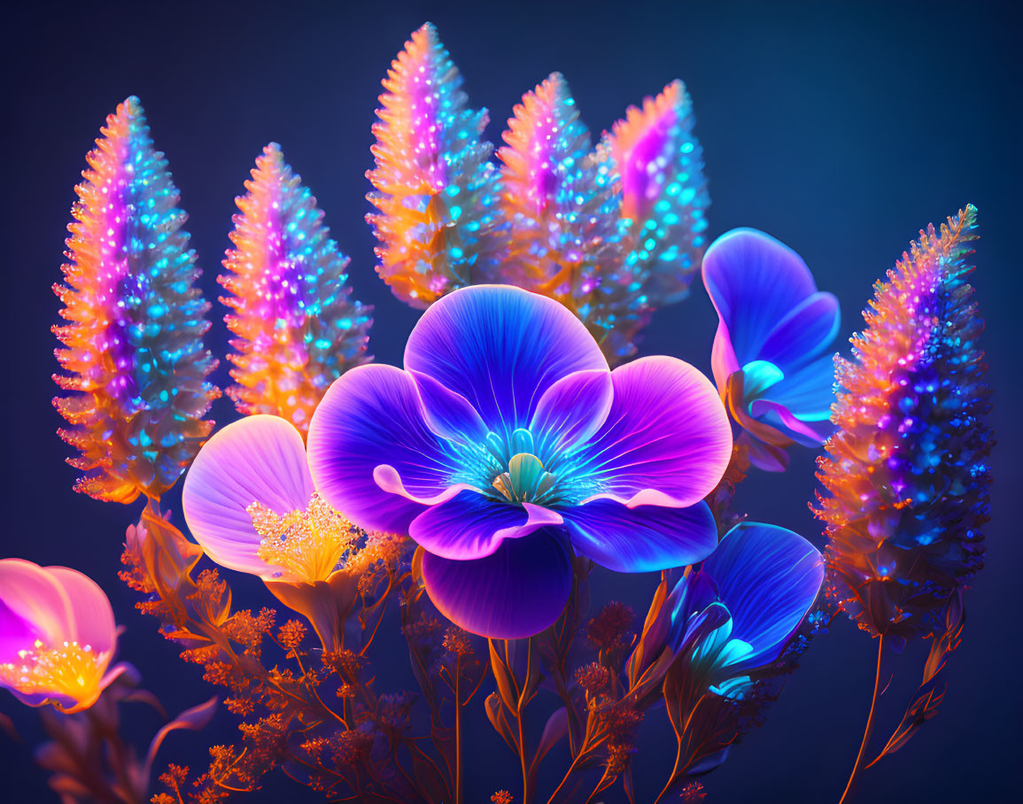 Bright Neon-Colored Flowers on Dark Blue Background