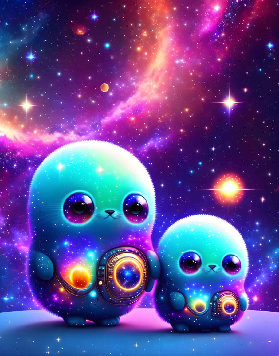 Stylized blue creatures with galaxy textures on vibrant cosmic background