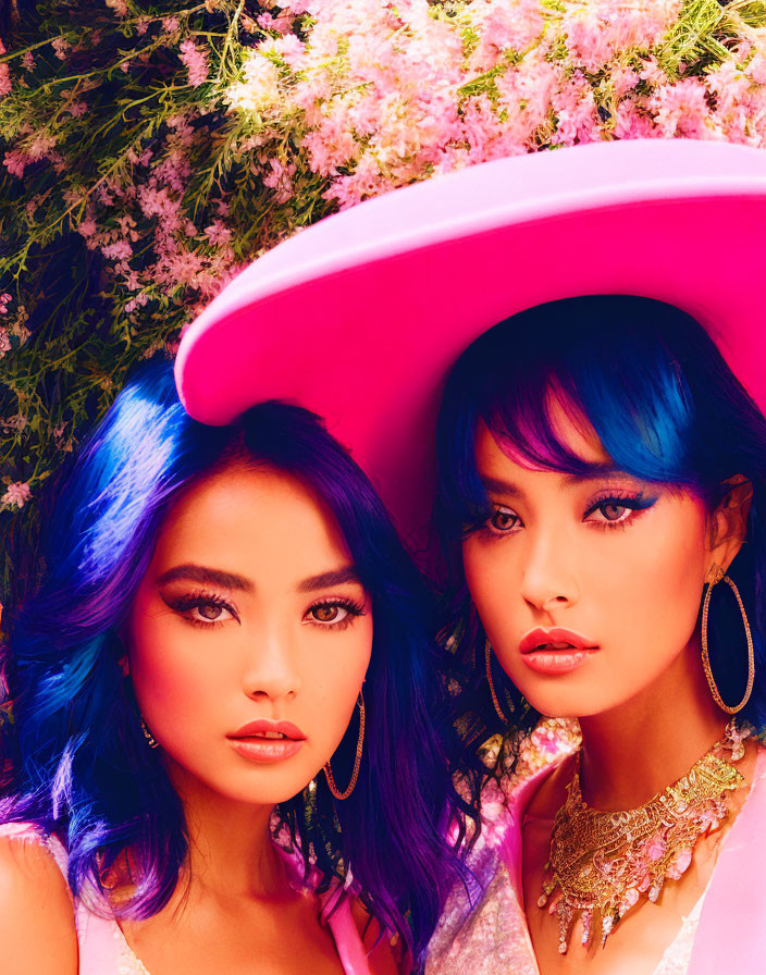 Two women with vibrant blue hair and pink flower accessories under a large pink hat