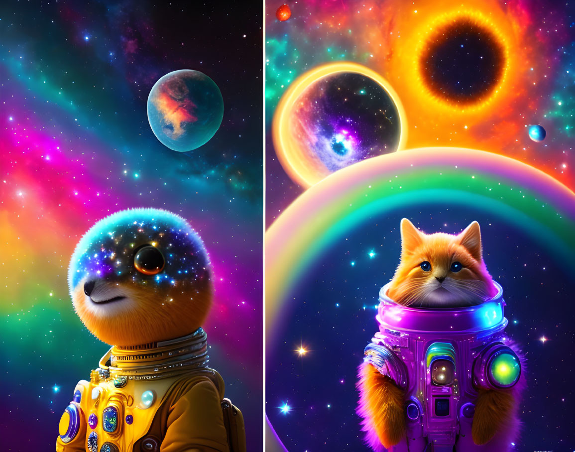 Anthropomorphic animals in space suits against cosmic background