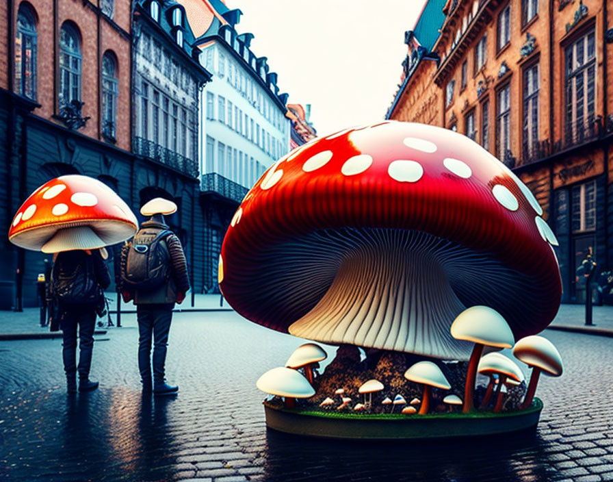 Whimsical Mushroom Sculptures on Cobblestone Street