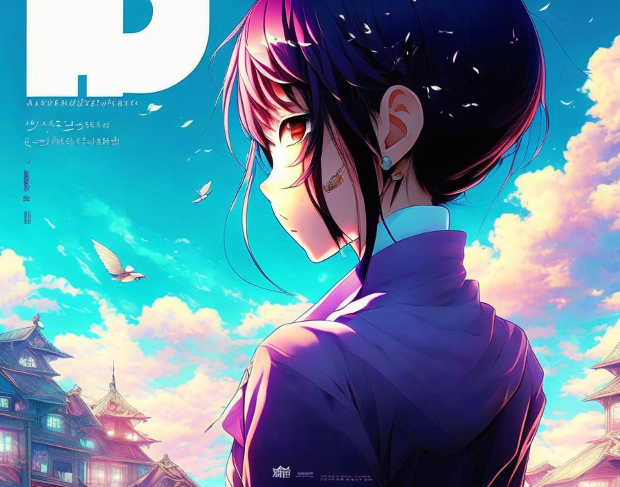 Long-haired animated girl in school uniform against sunset sky and traditional buildings.