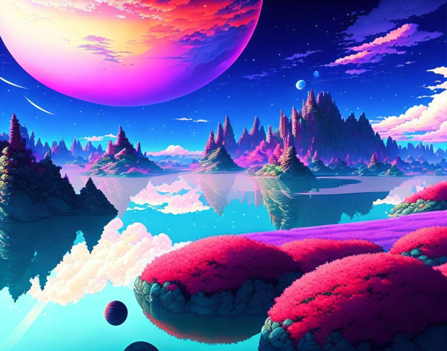 Fantastical Landscape with Neon Colors and Oversized Planets