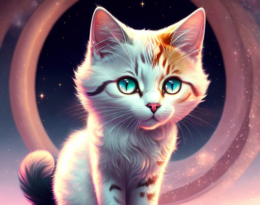 Whimsical cat with turquoise eyes in cosmic setting